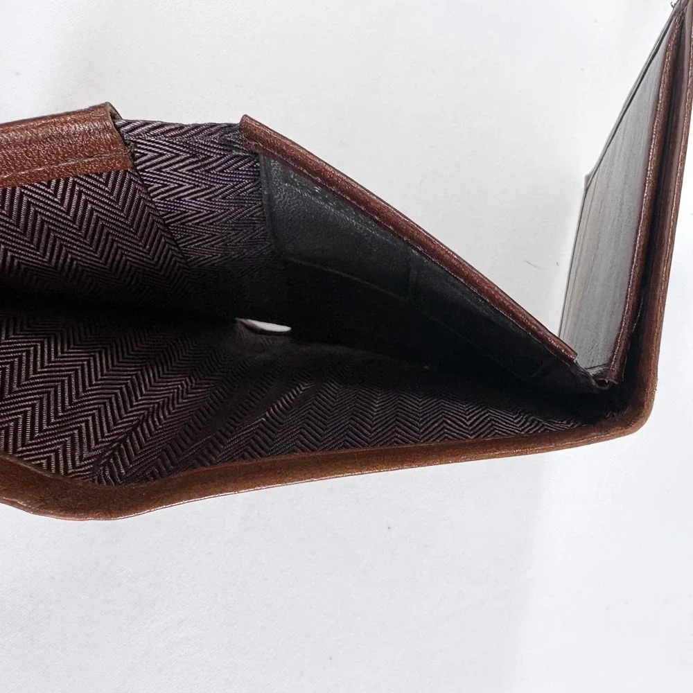 Amity Trifold Wallet Brown Cowhide Leather Striped Patina Herringbone Lining VTG